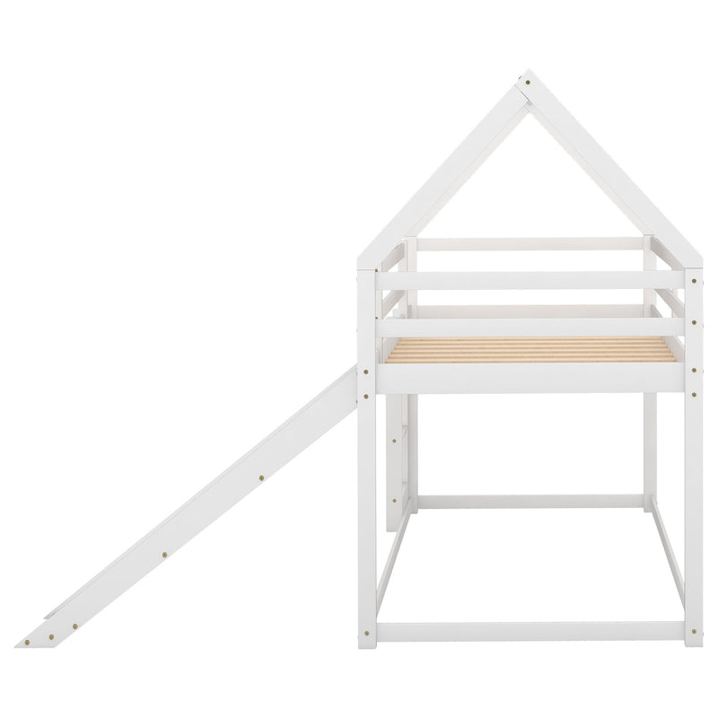 Twin Size Bunk House Bed With Slide And Ladder - White