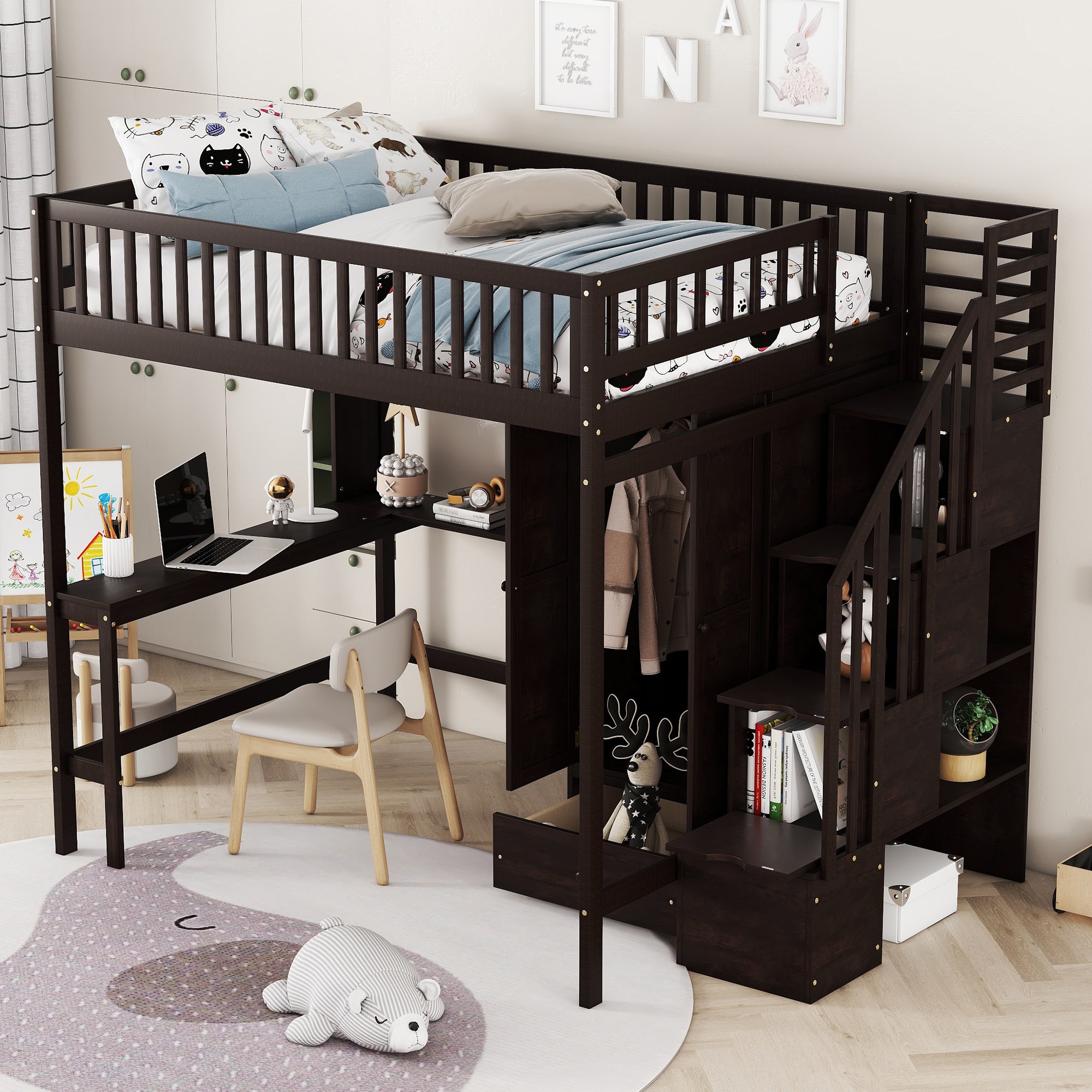 Full size Loft Bed with Bookshelf,Drawers,Desk,and Wardrobe-Espresso