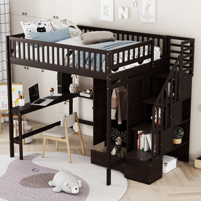 Full size Loft Bed with Bookshelf,Drawers,Desk,and Wardrobe-Espresso
