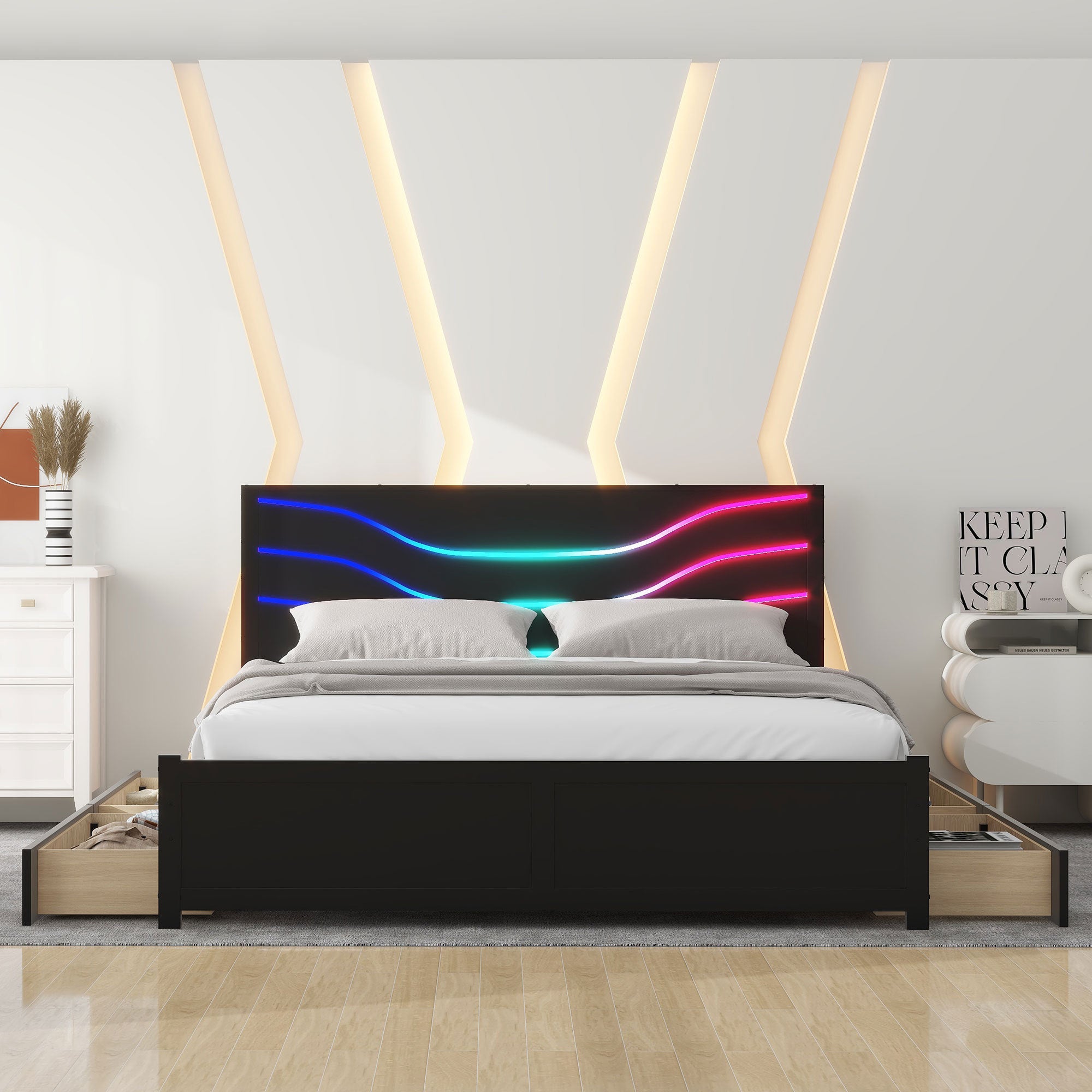 Queen Size Wood Storage Platform Bed with LED and 4 Drawers, Black - Atlantic Fine Furniture Melbourne FL