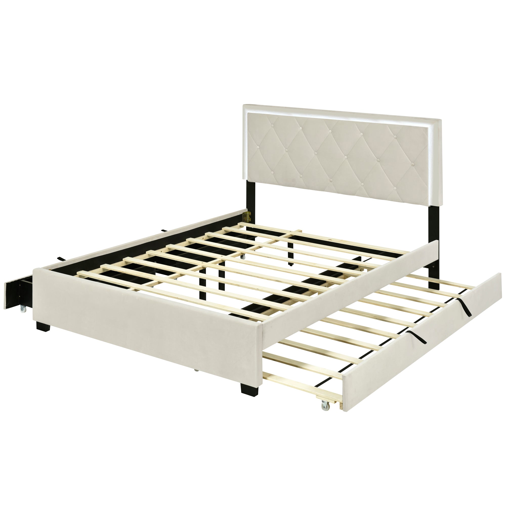Queen Size  Velvet Storage Platform Bed, with 2 Big Drawers, Twin XL Size Trundle and LED Light, Beige - Atlantic Fine Furniture Melbourne FL