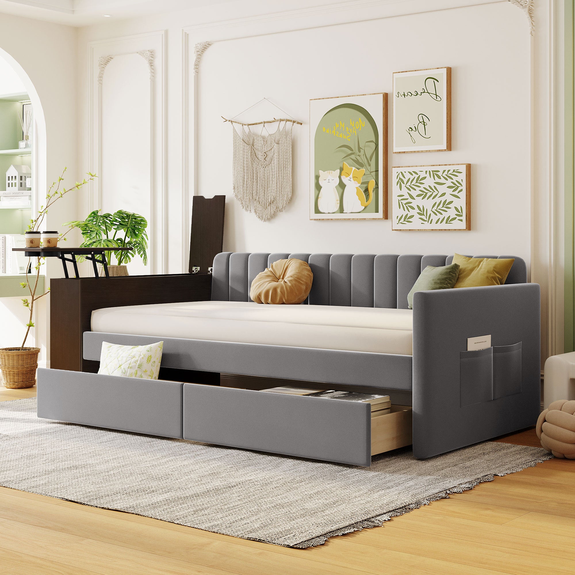 Twin Size Upholstered Daybed with Storage Armrest and 2 Drawers, Multi-functional Daybed with Cup Holder and a set of USB Ports and Sockets, Gray - Atlantic Fine Furniture Melbourne FL