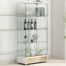 Glass Display Cabinet With LED Lights, Tempered Glass Doors, Large Drawers, 2 Door Storage Case With 4 Shelves - Natural / White