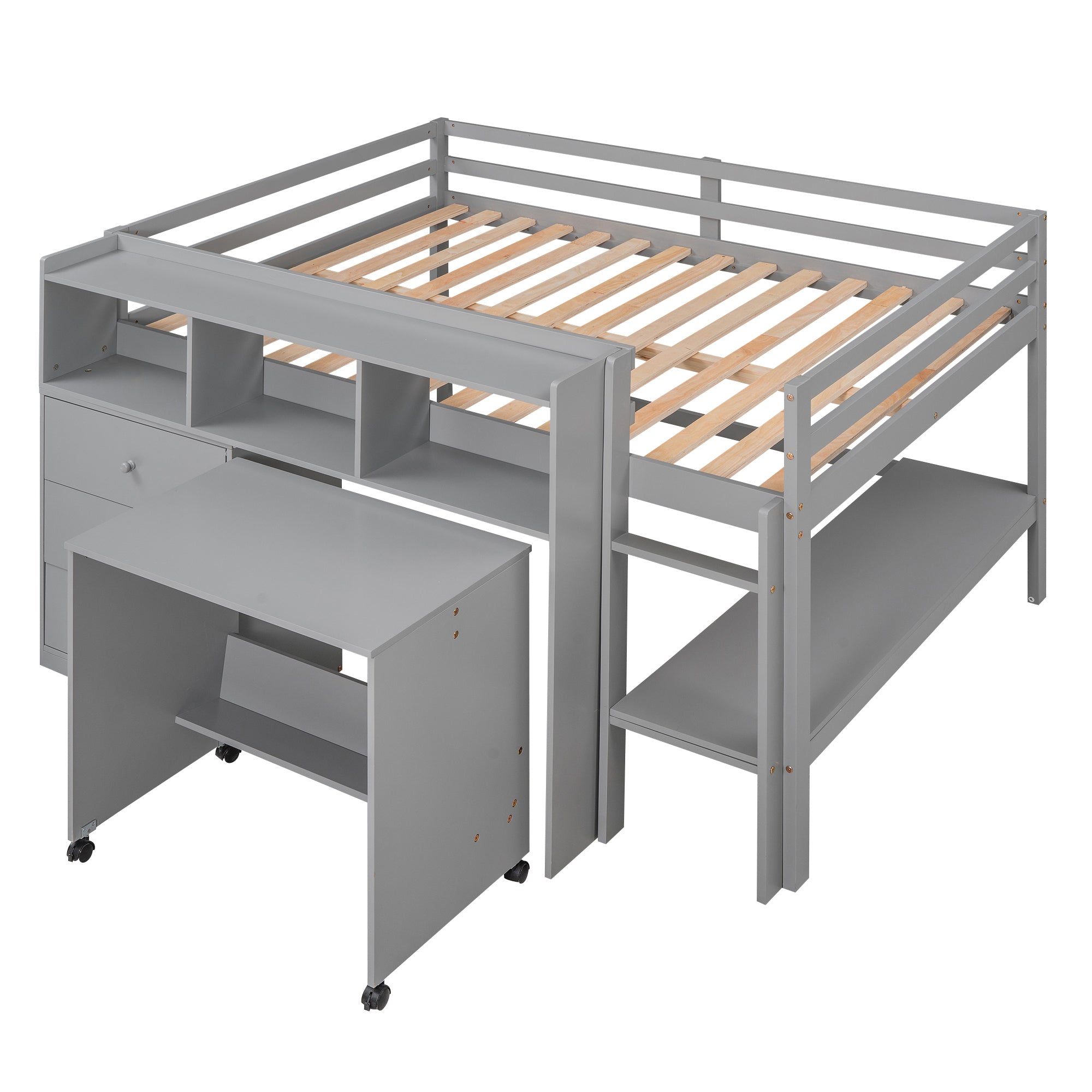 Full Size Low Loft Bed with Rolling Portable Desk, Drawers and Shelves, Gray(Old SKU: GX000711AAE) - Atlantic Fine Furniture Melbourne FL