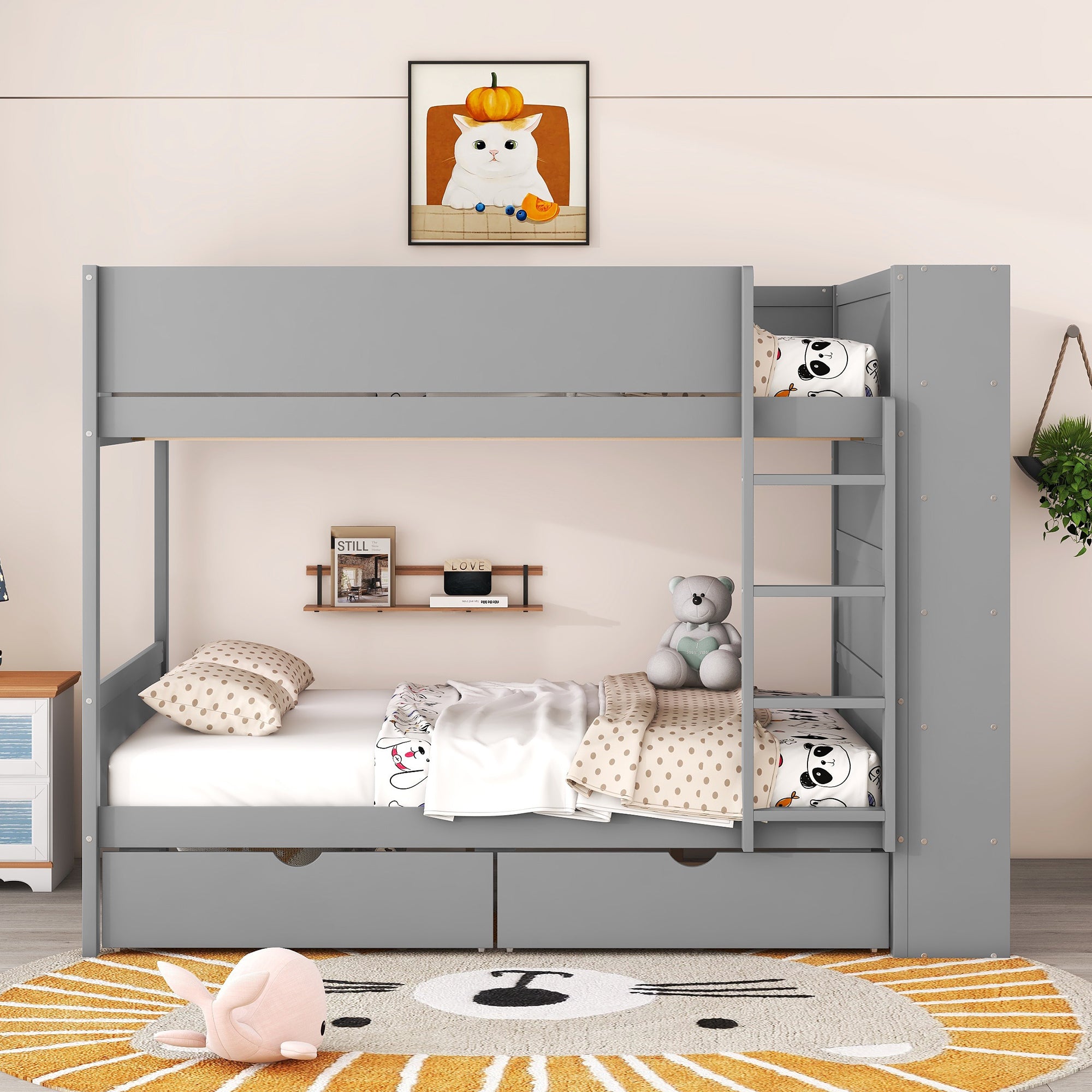 Full over Full Bunk Bed With 2 Drawers and Multi-layer Cabinet, Gray - Atlantic Fine Furniture Melbourne FL
