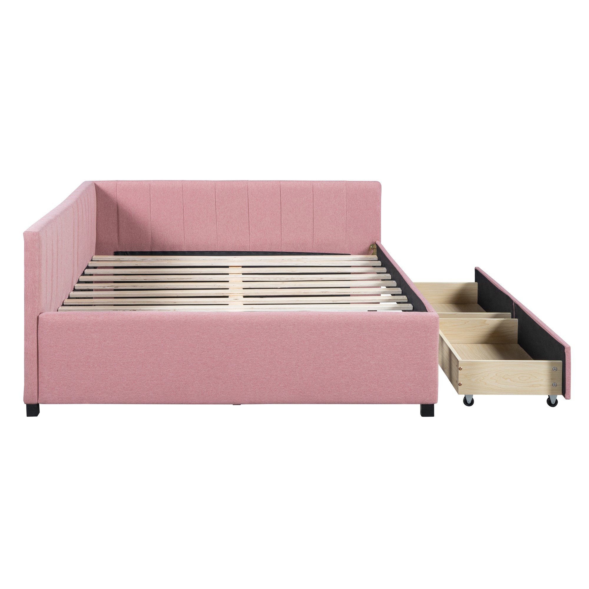 Full Size Upholstered Daybed with 2 Storage Drawers Sofa Bed Frame No Box Spring Needed, Linen Fabric (Pink) - Atlantic Fine Furniture Melbourne FL