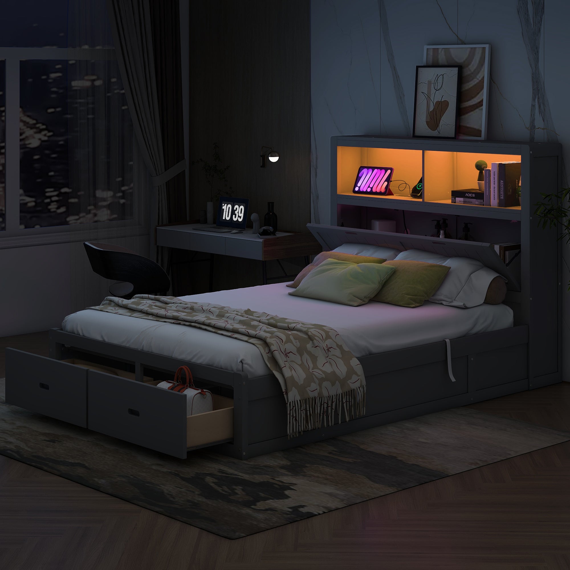 Wood Queen Size Hydraulic Platform Bed with Storage LED Headboard, Charging Station and 2 Drawers, Gray - Atlantic Fine Furniture Melbourne FL