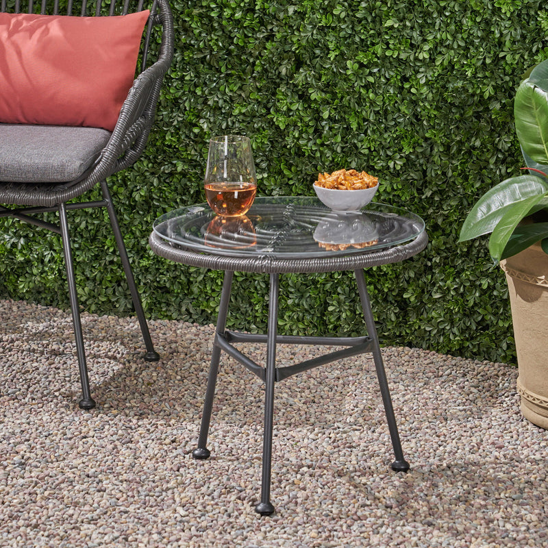 Cowan - Outdoor Wicker And Glass 3 Piece Chat Set With Cushions - Gray