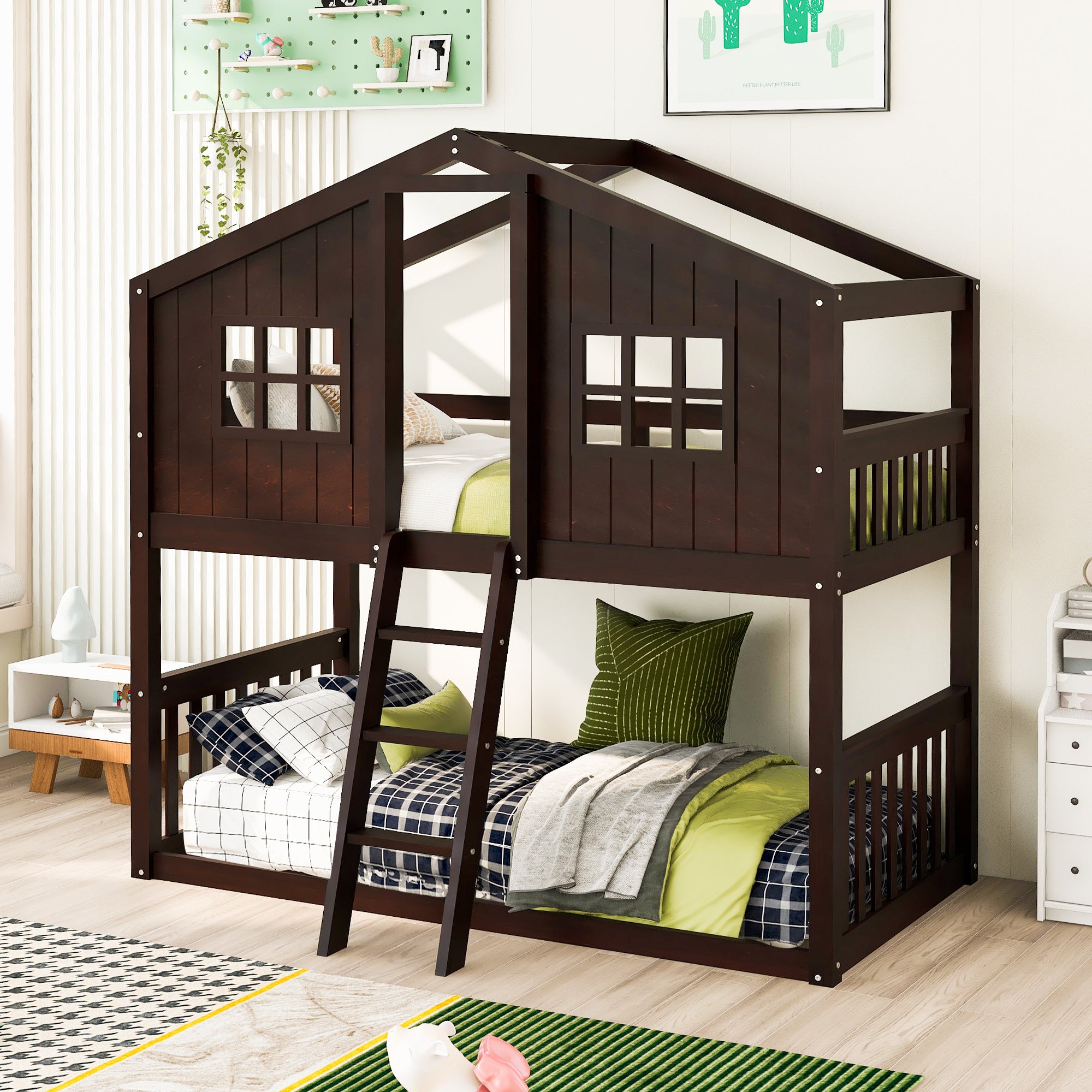 Twin Over Twin House Bunk Bed With Ladder, Wood Bed-Espresso - Atlantic Fine Furniture Melbourne FL