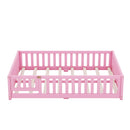 Full Size Bed Floor Bed with Safety Guardrails and Door for Kids, Pink