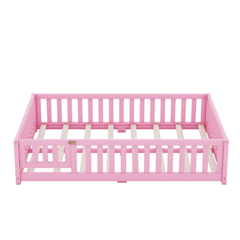 Full Size Bed Floor Bed with Safety Guardrails and Door for Kids, Pink