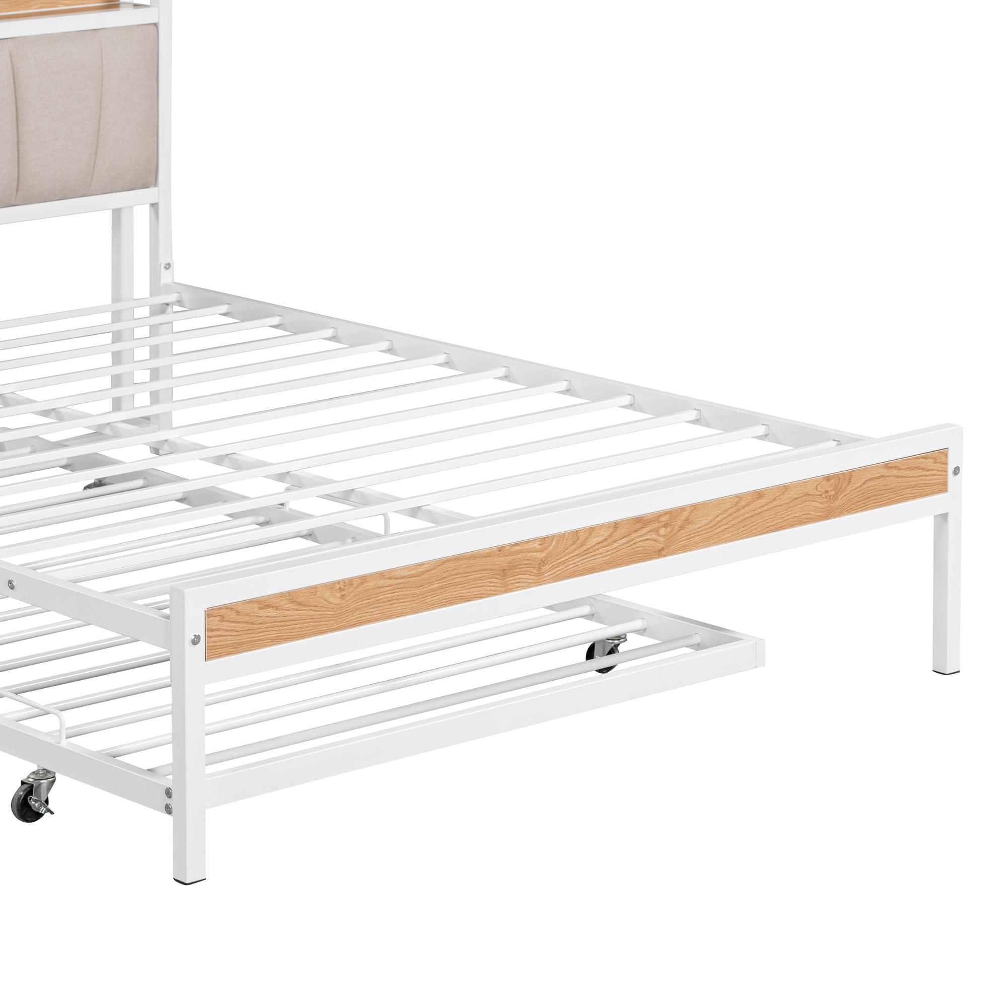 Full Size Metal Platform Bed Frame with Twin size trundle, Upholstered headboard, Sockets, USB Ports and Slat Support, No Box Spring Needed, White - Atlantic Fine Furniture Melbourne FL