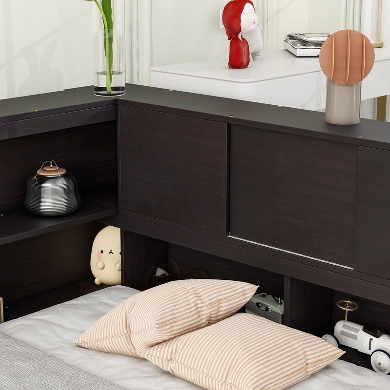 Full Floor Bed with L-shaped Bookcases, sliding doors,without slats,Espresso