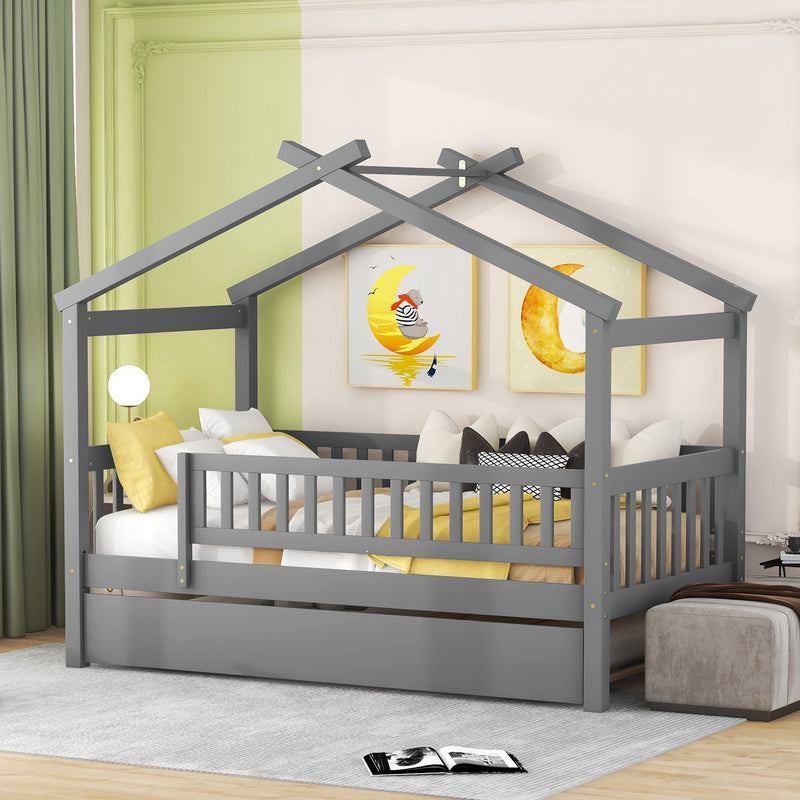 Twin Size Wooden House Bed with Twin Size Trundle, Gray