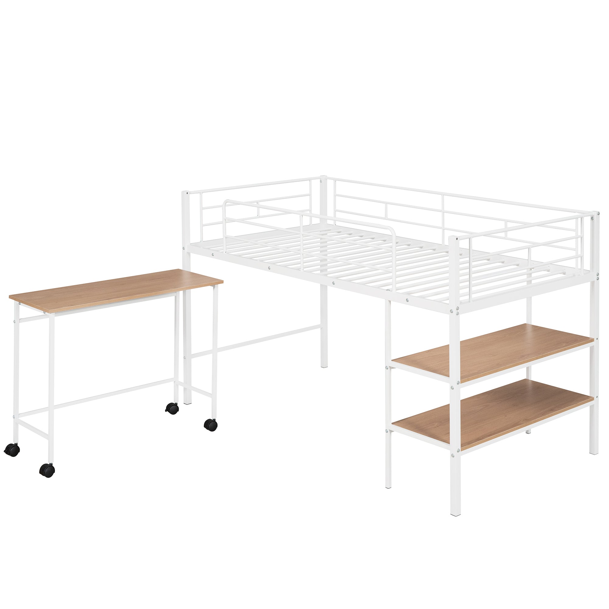 Twin Size Metal Loft Bed with Desk and Shelves,White - Atlantic Fine Furniture Melbourne FL