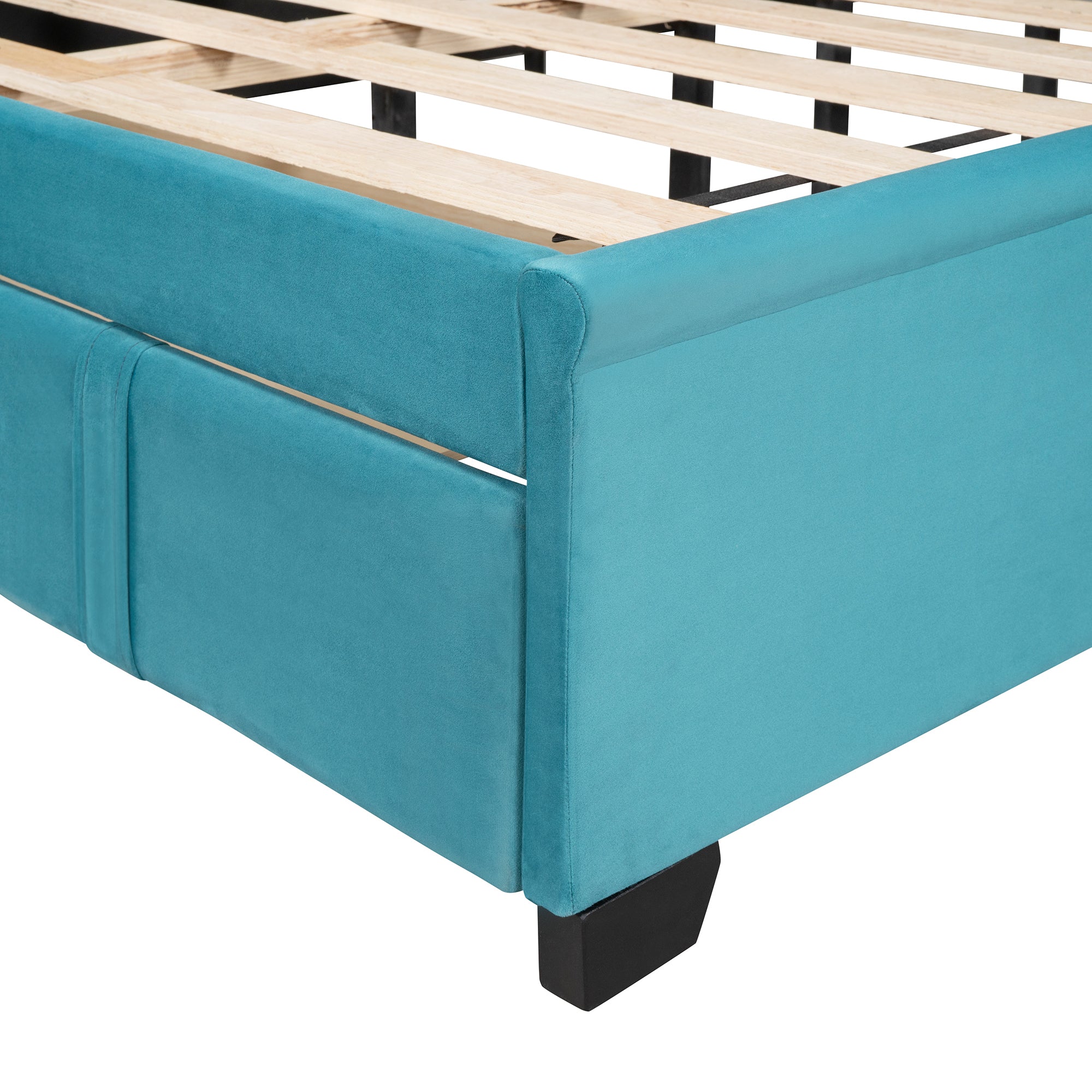 Queen Size Storage Bed Velvet Upholstered Platform Bed with Wingback Headboard and a Big Drawer (Blue) - Atlantic Fine Furniture Melbourne FL