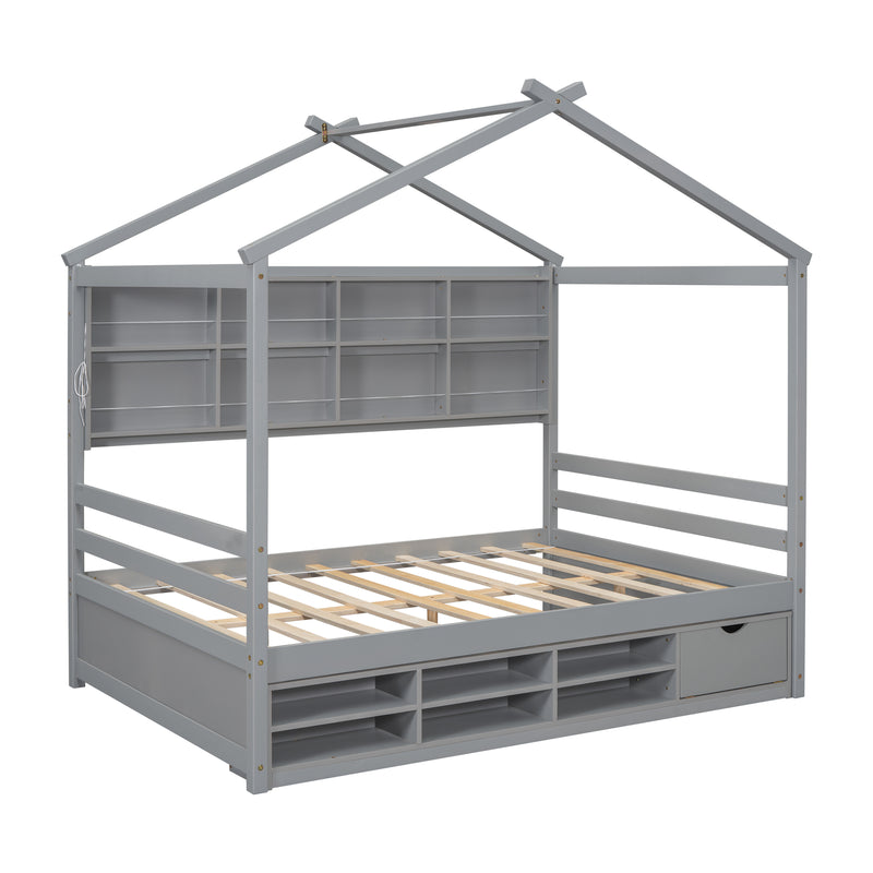 Full House Bed with Roof Frame, Bedside-shelves, Under Bed Storage Unit,Grey