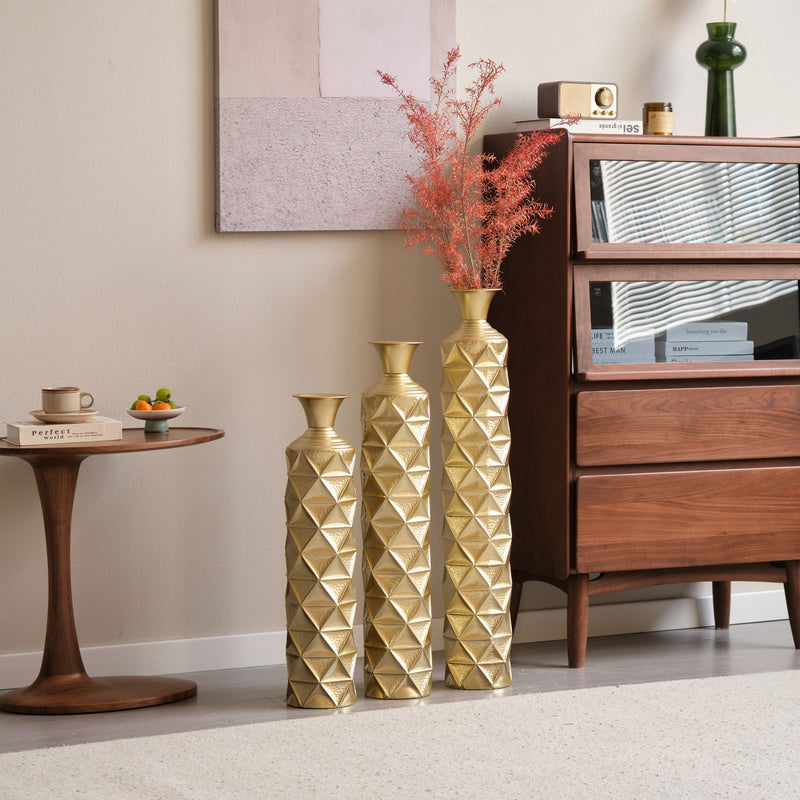 Metal Decorative Vase High Distress Metal Center Vase With 3D Triangle Pattern, (Set of 3) Vases For Home Decoration - Gold