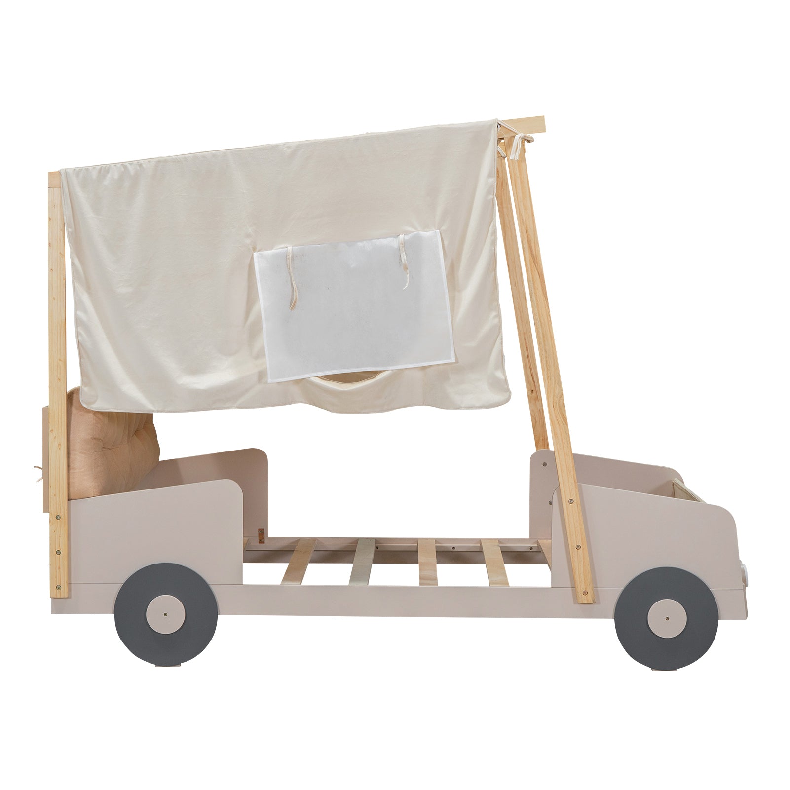 Wood Twin Size Car Bed with Pillow, Ceiling Cloth and LED, Natural - Atlantic Fine Furniture Melbourne FL