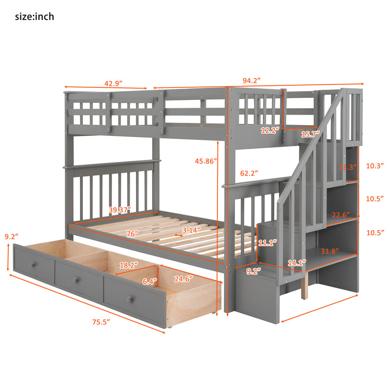 Stairway Twin-Over-Twin Bunk Bed with Three Drawers for Bedroom, Dorm - Gray(Old SKU: LP000309AAE)