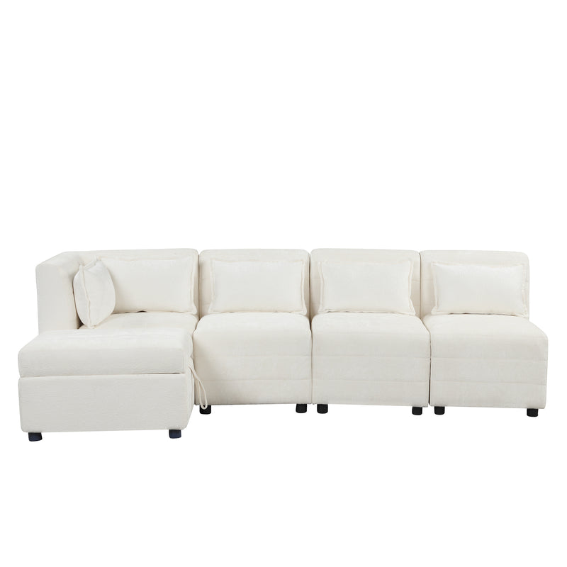 Free-Combined Sectional Sofa 5-seater Modular Couches with Storage Ottoman, 5 Pillows for Living Room, Bedroom, Office, Cream