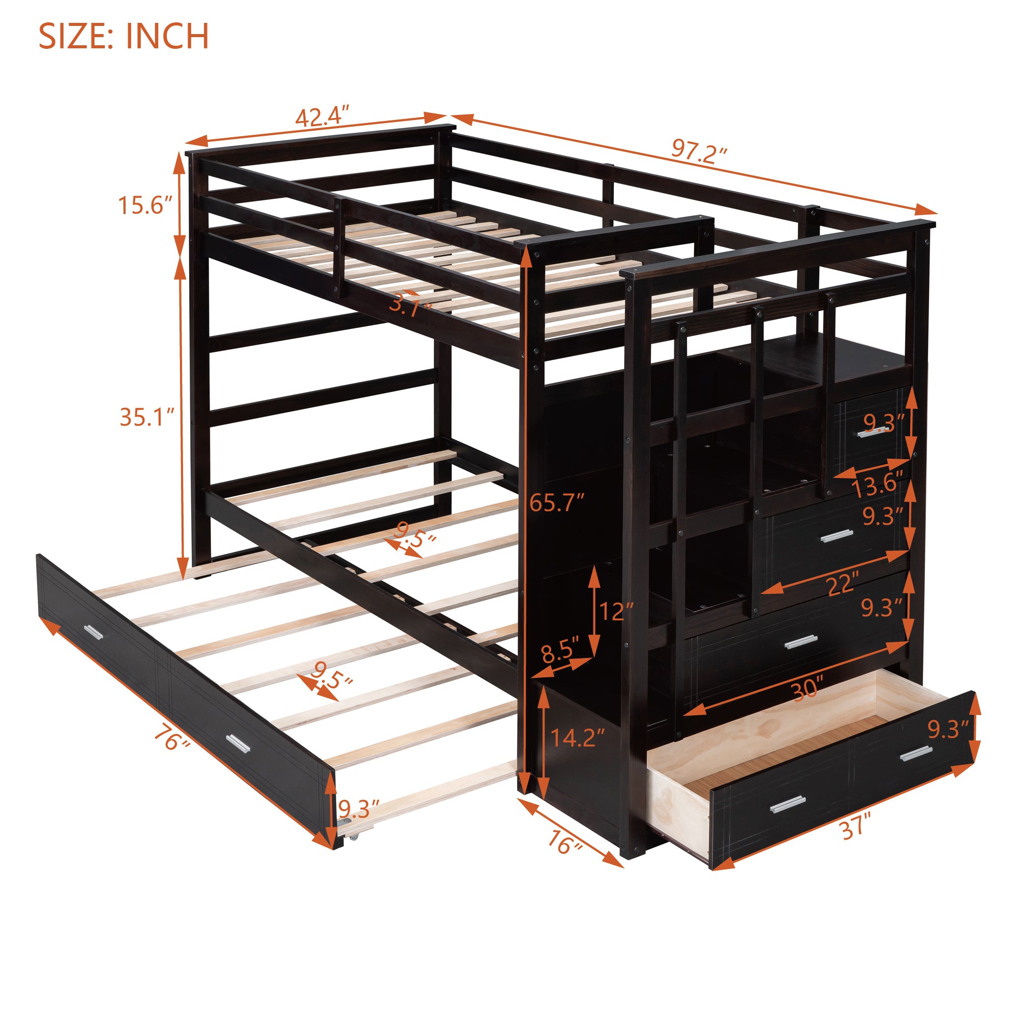 Twin Over Twin Bunk Bed with Trundle and Staircase,Espresso(OLD SKU:LT000068AAP) - Atlantic Fine Furniture Melbourne FL