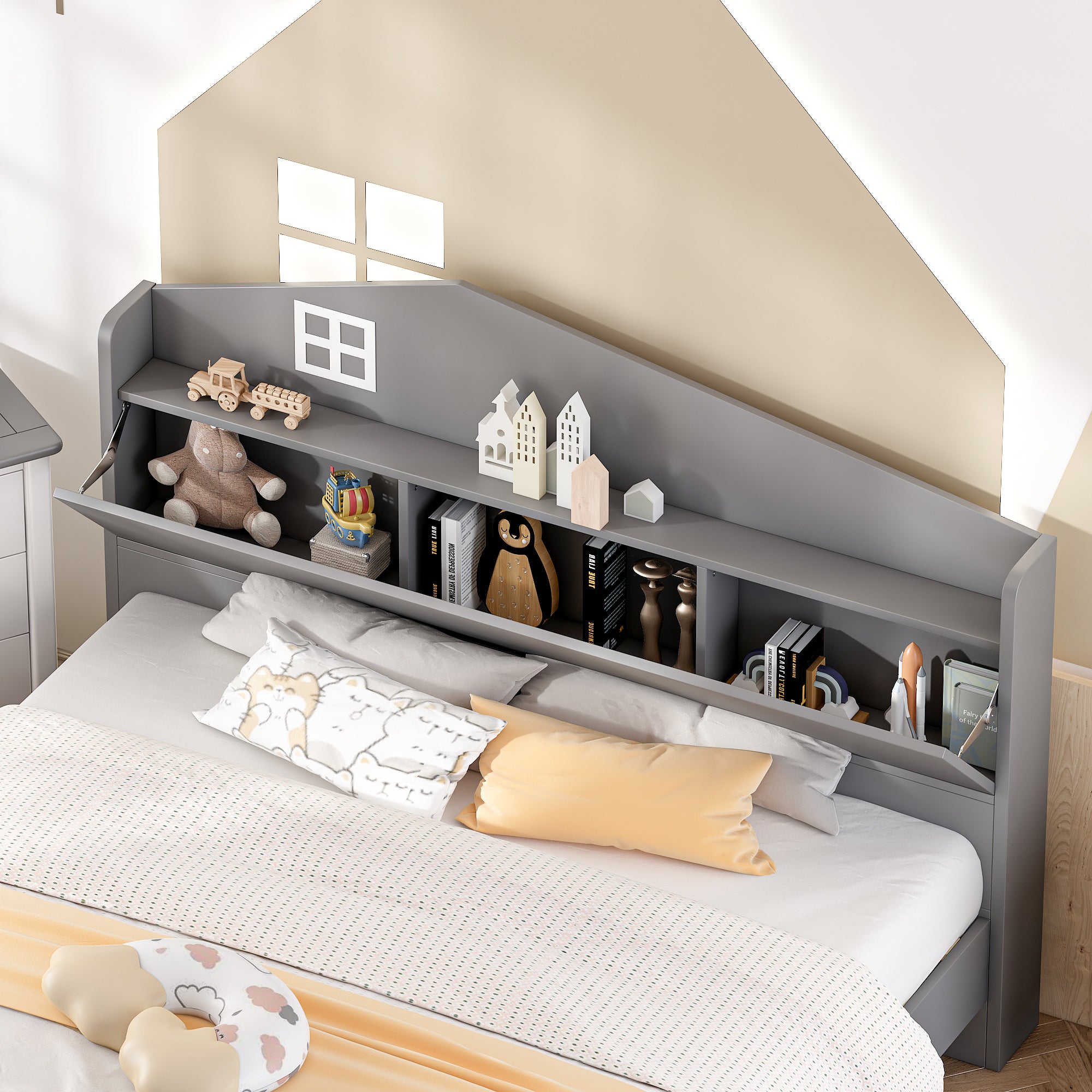 Wooden Full Size House Bed with Storage Headboard ,Kids Bed with Storage Shelf,Grey - Atlantic Fine Furniture Melbourne FL