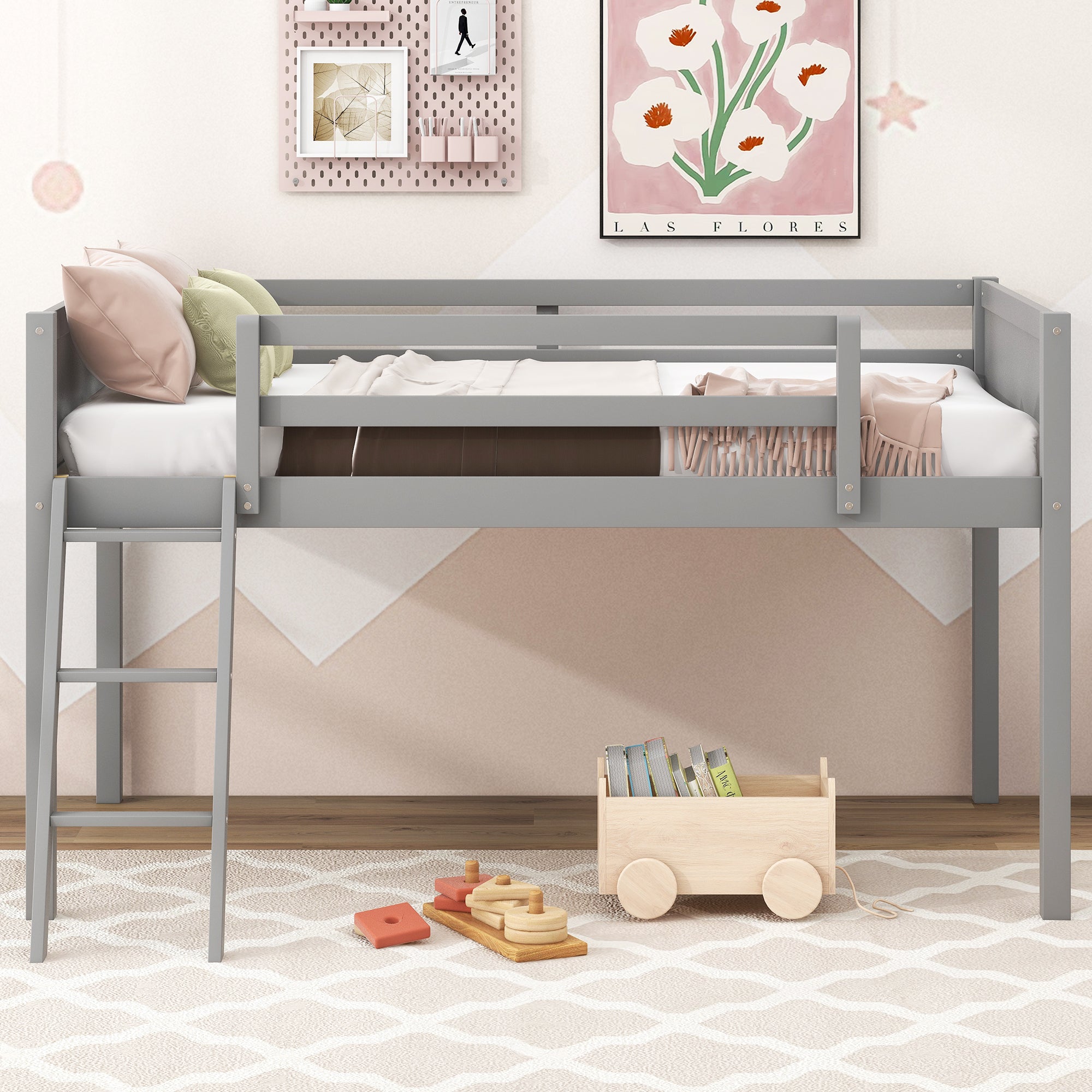 Twin Size Wood Loft Bed with Ladder, ladder can be placed on the left or right, Gray - Atlantic Fine Furniture Melbourne FL