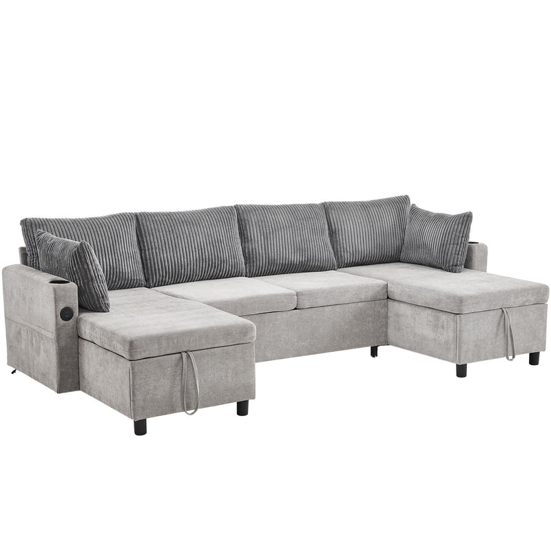 Sectional Sofa Bed With Pull Out Sleeper, USB Ports, Cup Holders