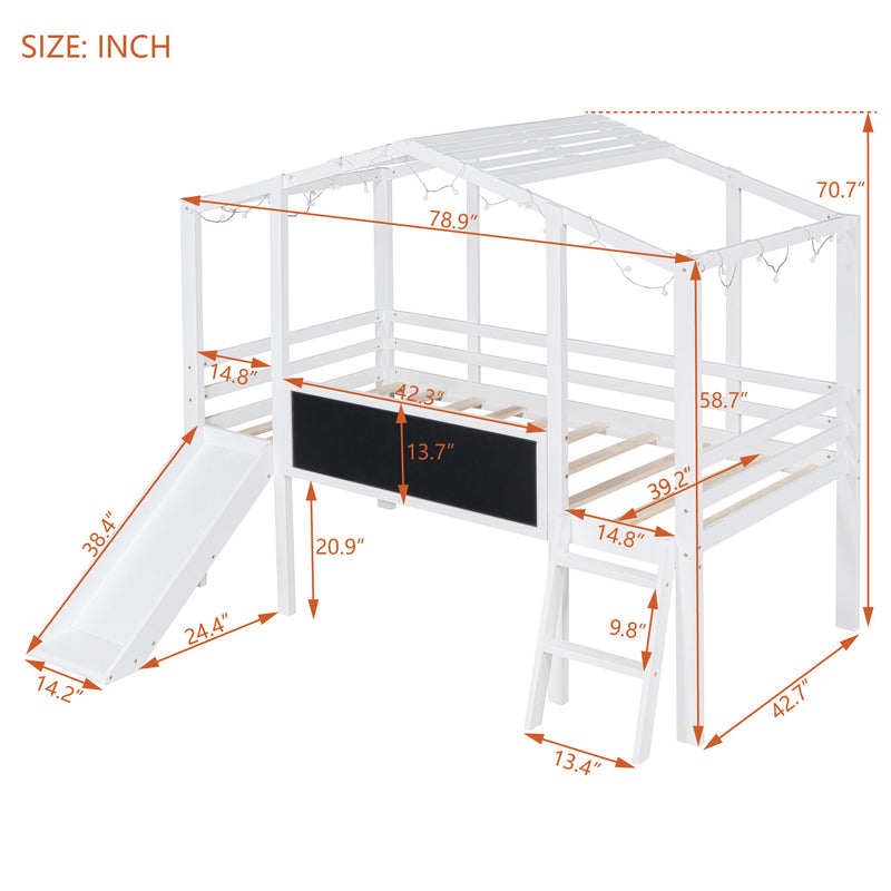 Loft House Bed With Ladder And Slide, With Blackboard And Light Strip On The Roof