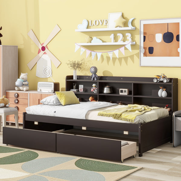 Twin Bed with Side Bookcase, Drawers ,Espresso