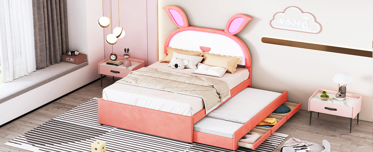 Full Size Upholstered Platform Bed with Trundle and 3 Drawers, Rabbit-Shaped Headboard with Embedded LED Lights, Pink