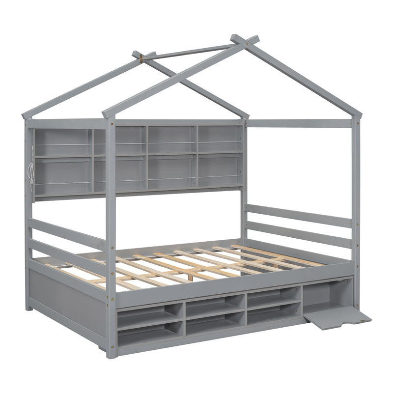 House Bed With Roof Frame, Bedside-Shelves, Under Bed Storage Unit