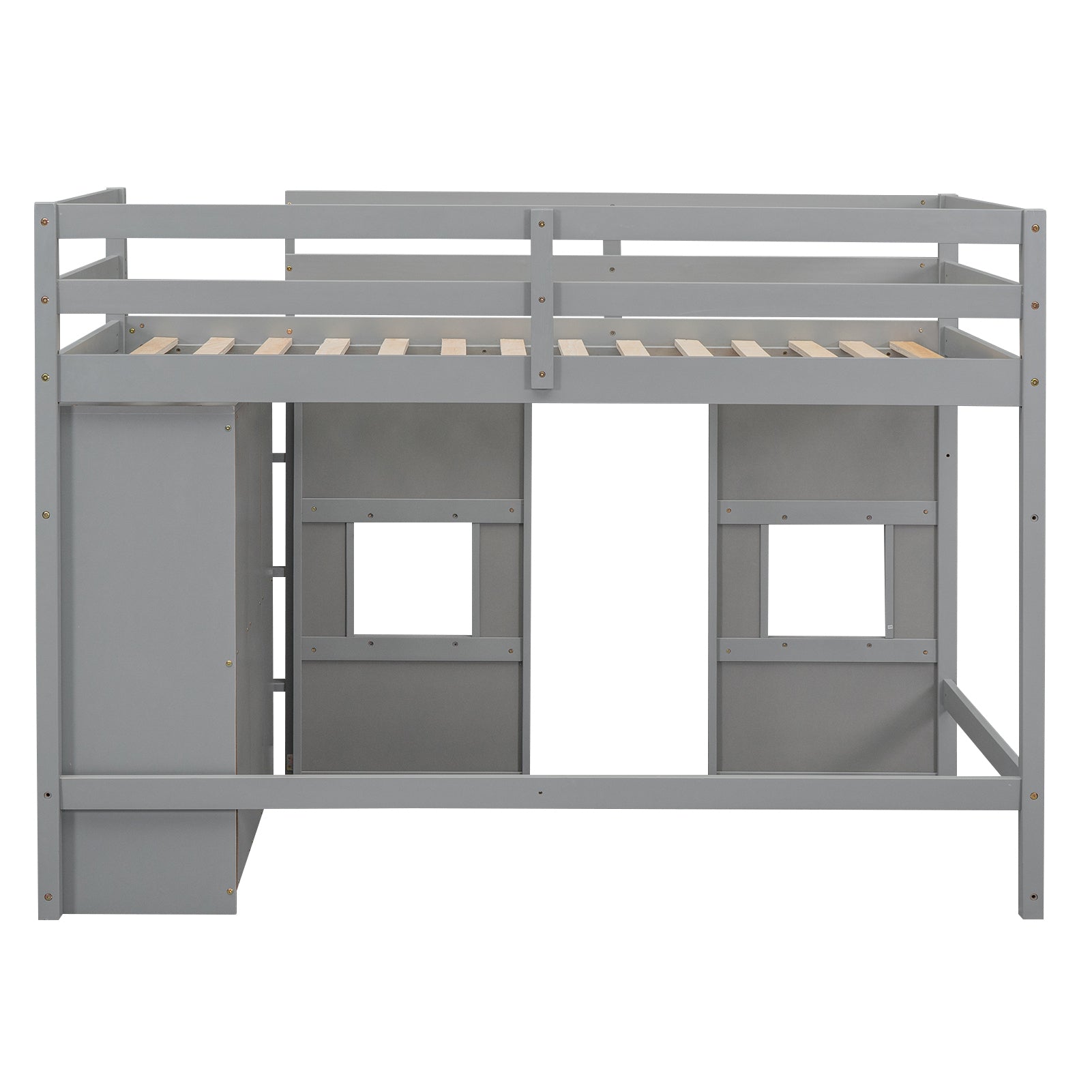 Wood Twin Size Loft Bed with Built-in Storage Wardrobe and 2 Windows, Gray - Atlantic Fine Furniture Melbourne FL