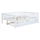 Full Size Wood Daybed with Trundle and Fence Guardrails, White