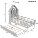 Twin Size House-Shaped Headboard with Fence Guardrails and Trundle ,Grey
