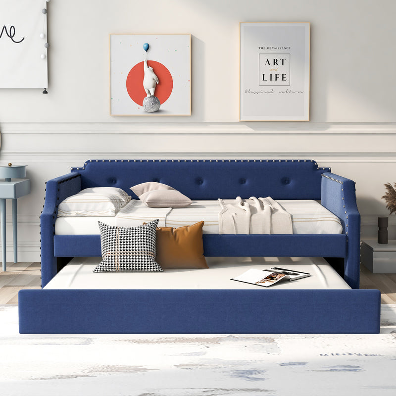 Upholstered Daybed with Trundle, Wood Slat Support,Upholstered Frame Sofa Bed , Twin,Blue