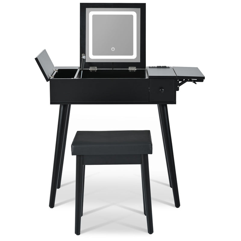 Makeup Vanity Desk With Flip Top Mirror And LED Light, Dressing Table With Charging Station, 2 Drawers And Fold Up Panel, Vanity Set With Cushioned Stool For Bedroom - Black