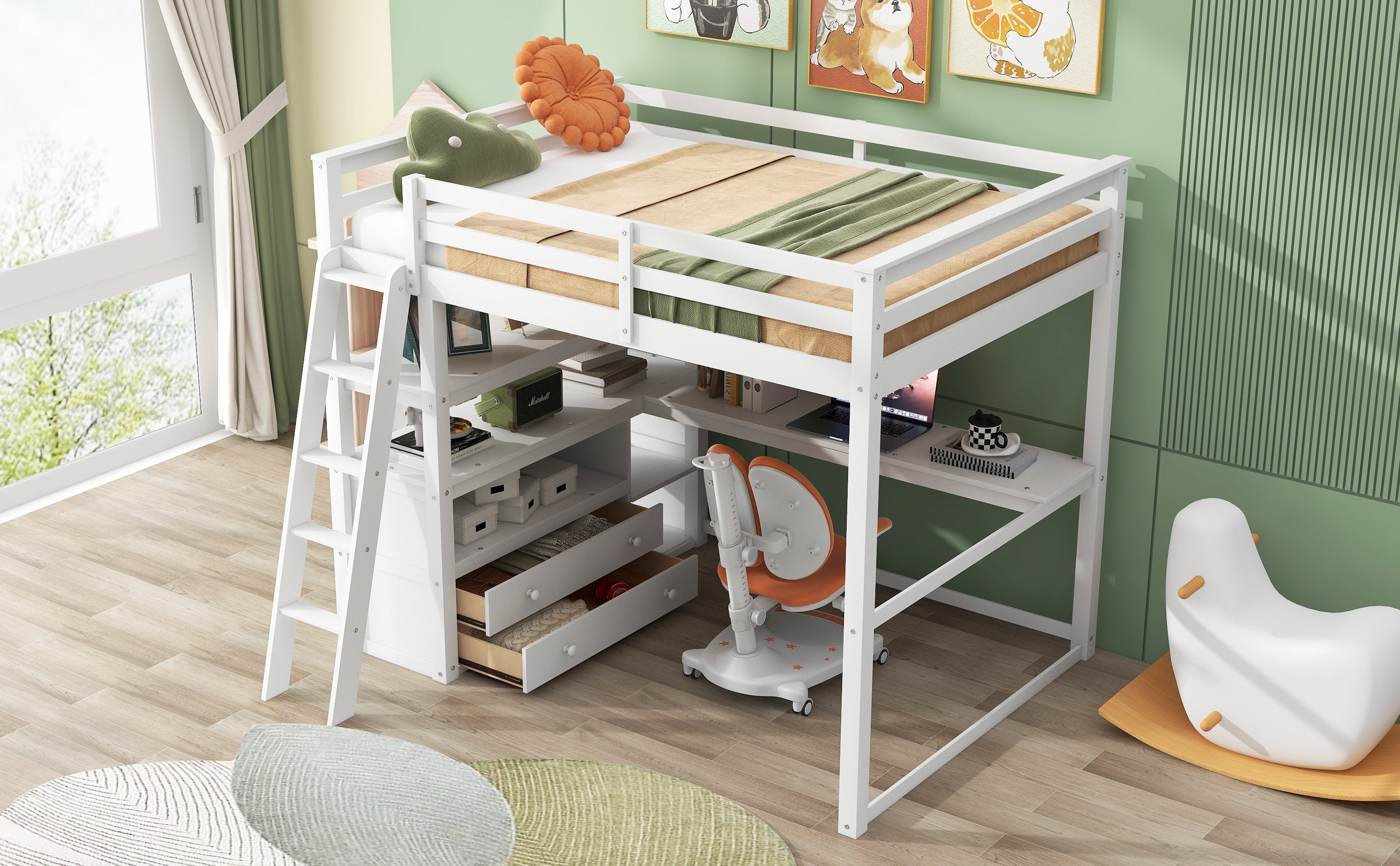 Full Size Loft Bed with Desk and Shelves,Two Built-in Drawers,White(Old SKU: SM000416AAK)