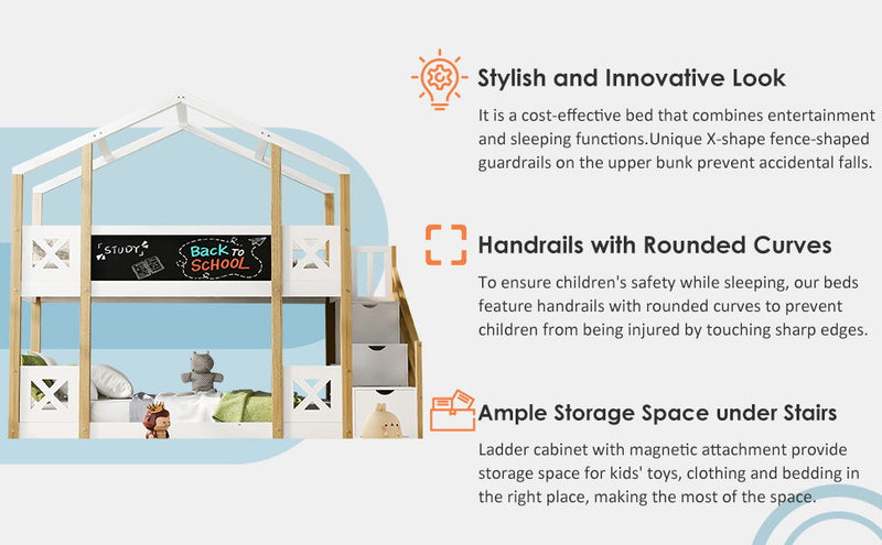Twin Over Twin House Bunk Bed With White Storage Staircase And Blackboards - White
