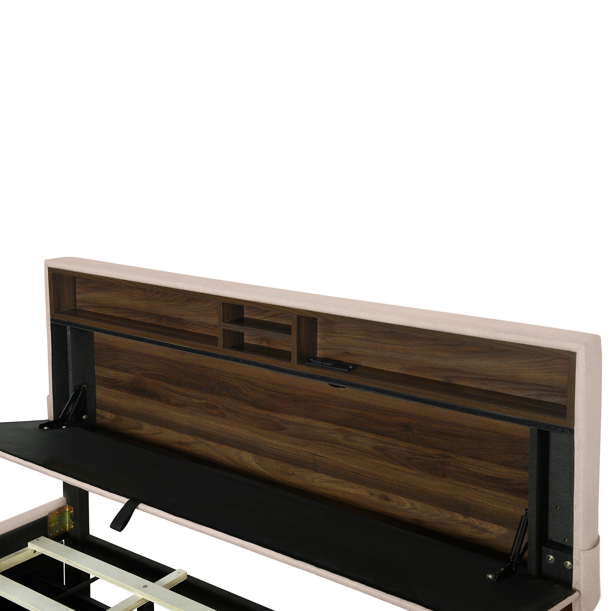 Queen size Upholstered Platform Bed with Storage Headboard, Twin XL Size Trundle & 2 drawers and a set of Sockets & USB Ports, Linen Fabric, Beige - Atlantic Fine Furniture Melbourne FL