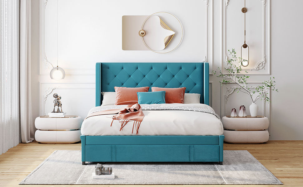 Queen Size Storage Bed Velvet Upholstered Platform Bed with Wingback Headboard and a Big Drawer (Blue) - Atlantic Fine Furniture Melbourne FL