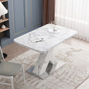 Modern Square Dining Table, Stretchable, with Printed White Marble Table Top+MDF X-Shape Table Leg with Metal Base
