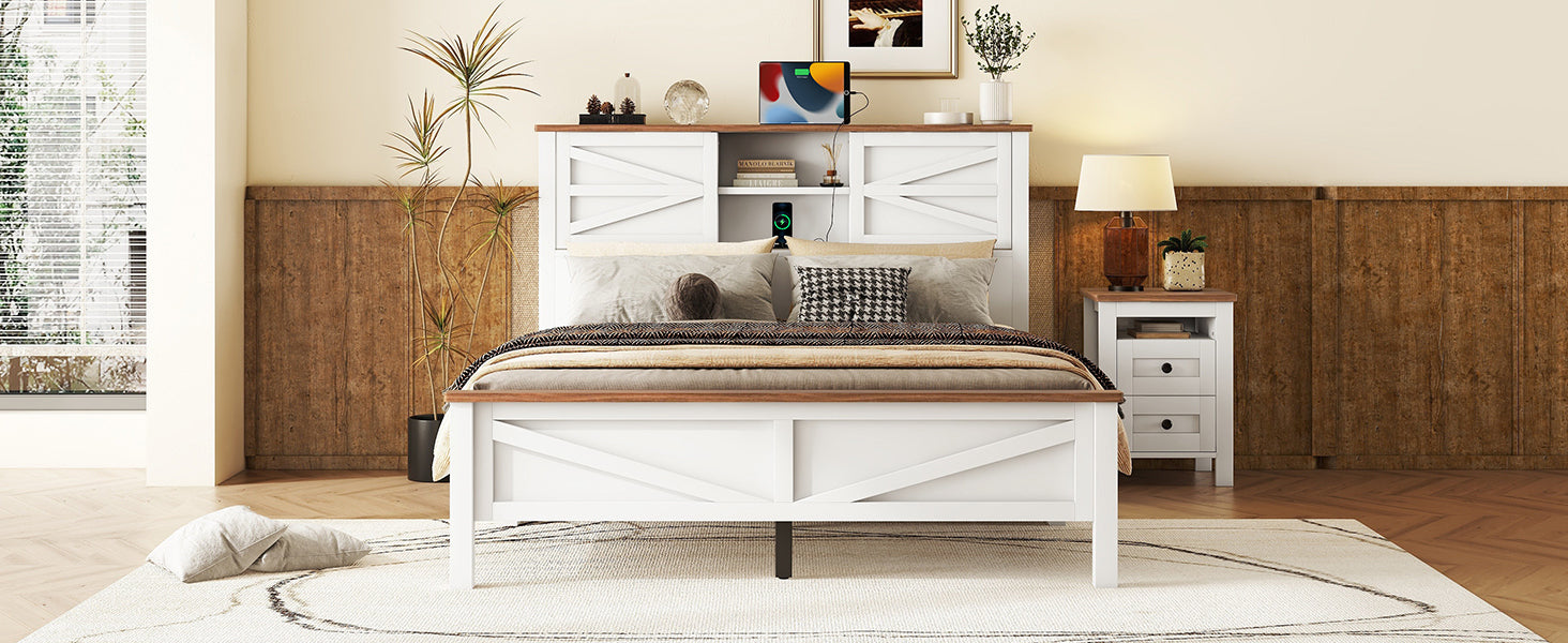 Farmhouse Platform Bed with Double Sliding Barn Door, Queen Size Rustic Wood Bed with
Charging Station, Wood Slats Support, White+Brown