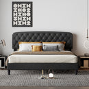 King size Adjustable Headboard with Fine Linen Upholstery and Button Tufting for Bedroom,  Wave Top  Dark Grey