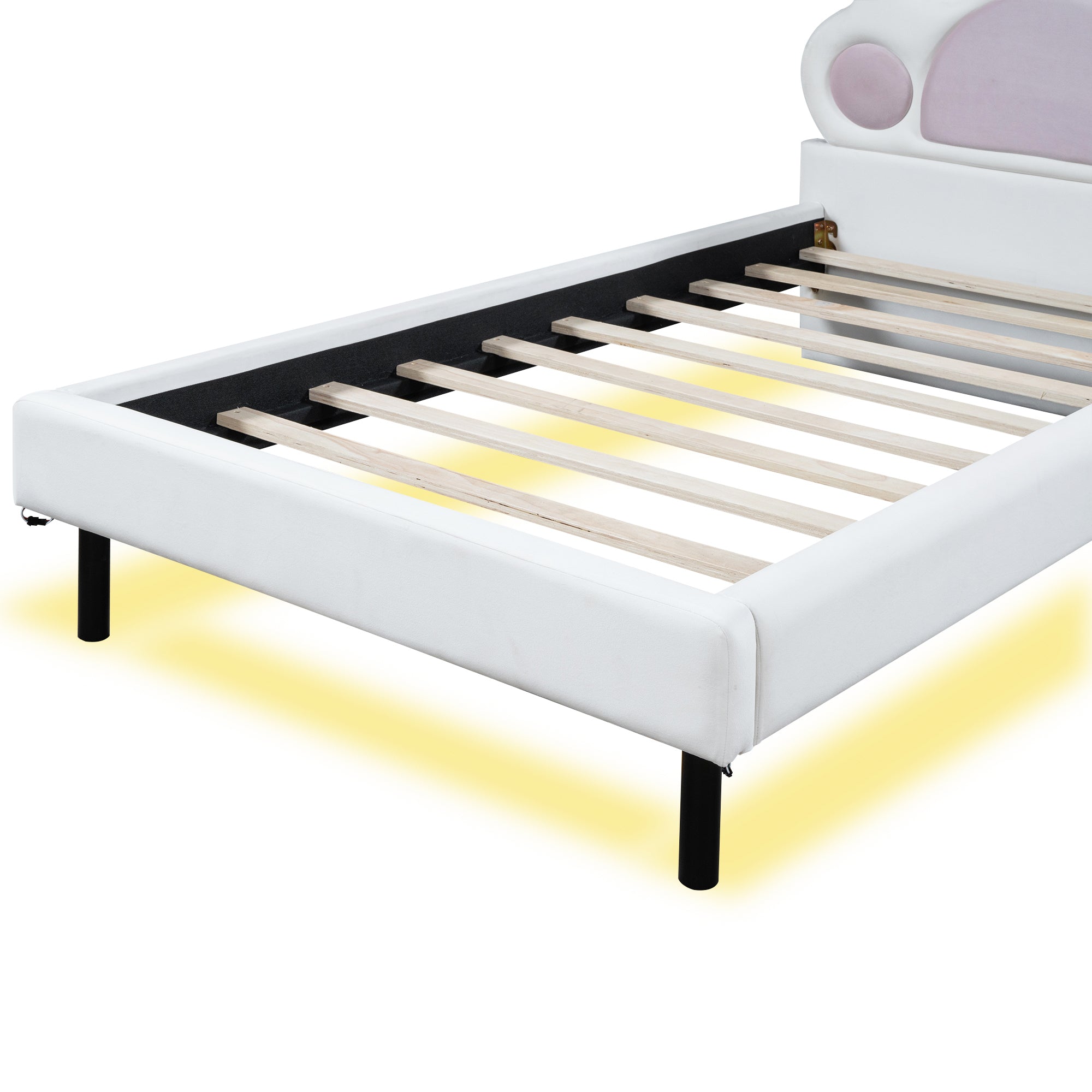 Twin Size Upholstered Platform Bed with Animal Paw Shaped Headboard and LED, Pink - Atlantic Fine Furniture Melbourne FL