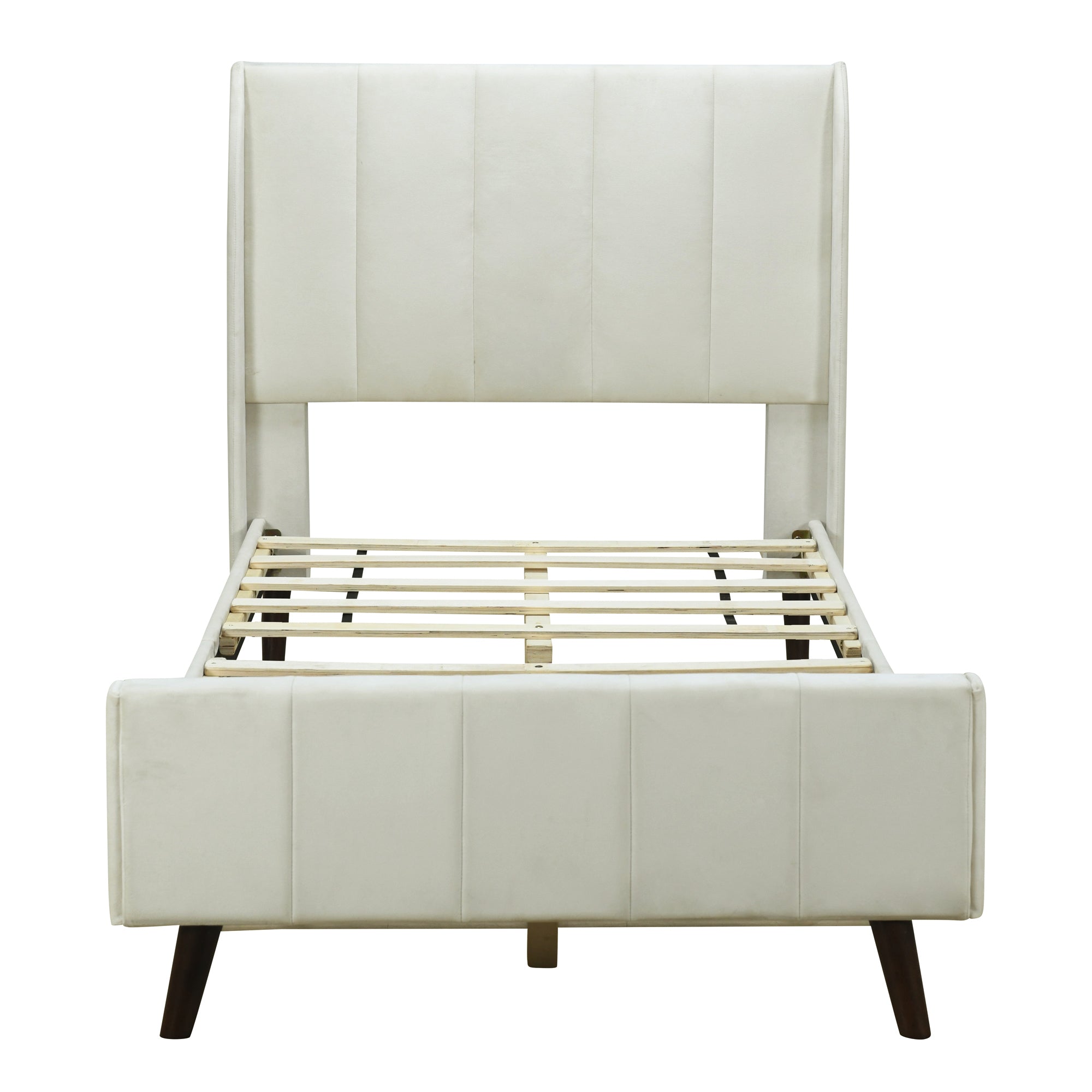 Twin Size Upholstered Platform Bed, Velvet, Beige - Atlantic Fine Furniture Melbourne FL