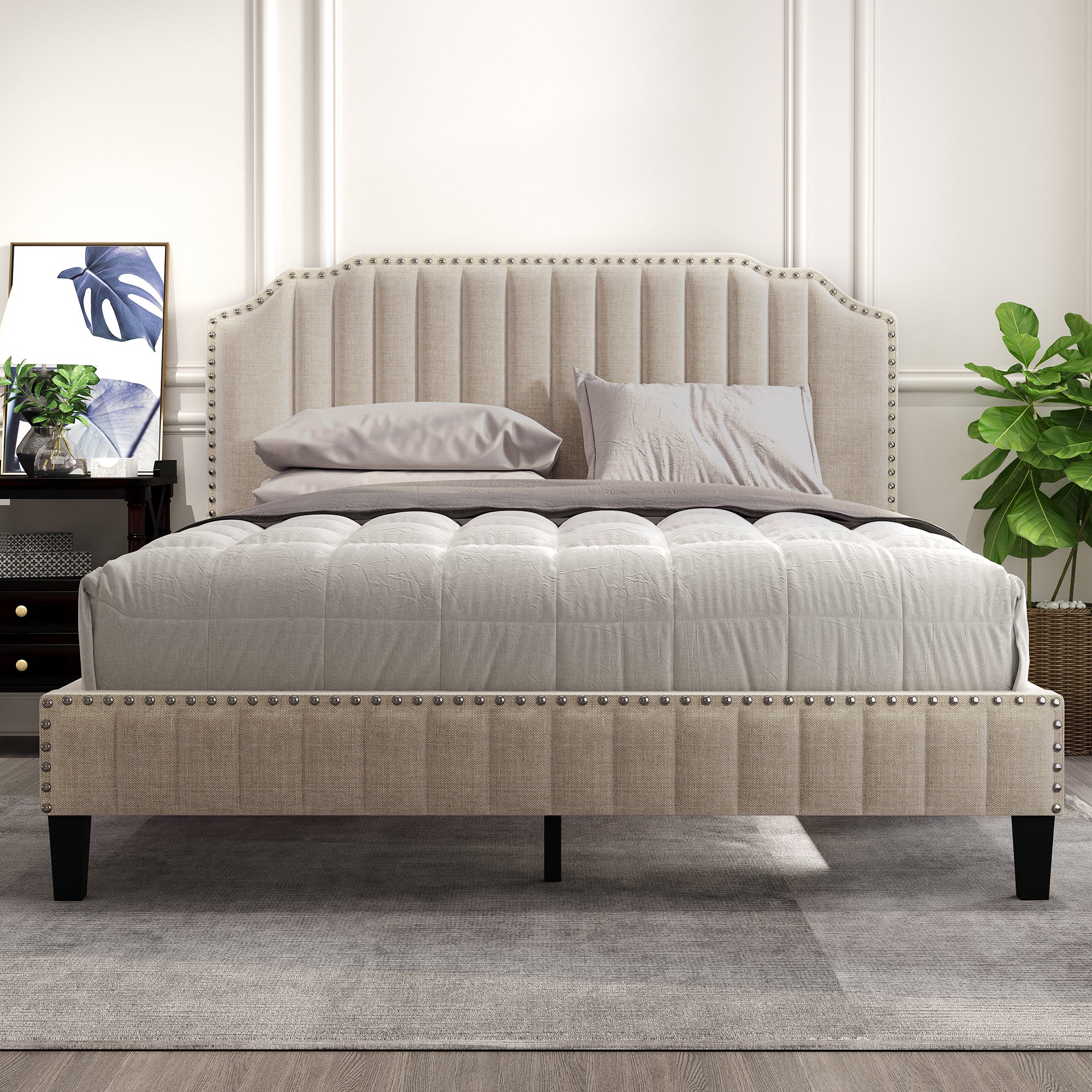 Modern Linen Curved Upholstered Platform Bed , Solid Wood Frame , Nailhead Trim, Beige (Queen) - Atlantic Fine Furniture Melbourne FL