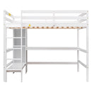 Full Size Loft Bed with Multifunction Shelves and Under-bed Desk, White