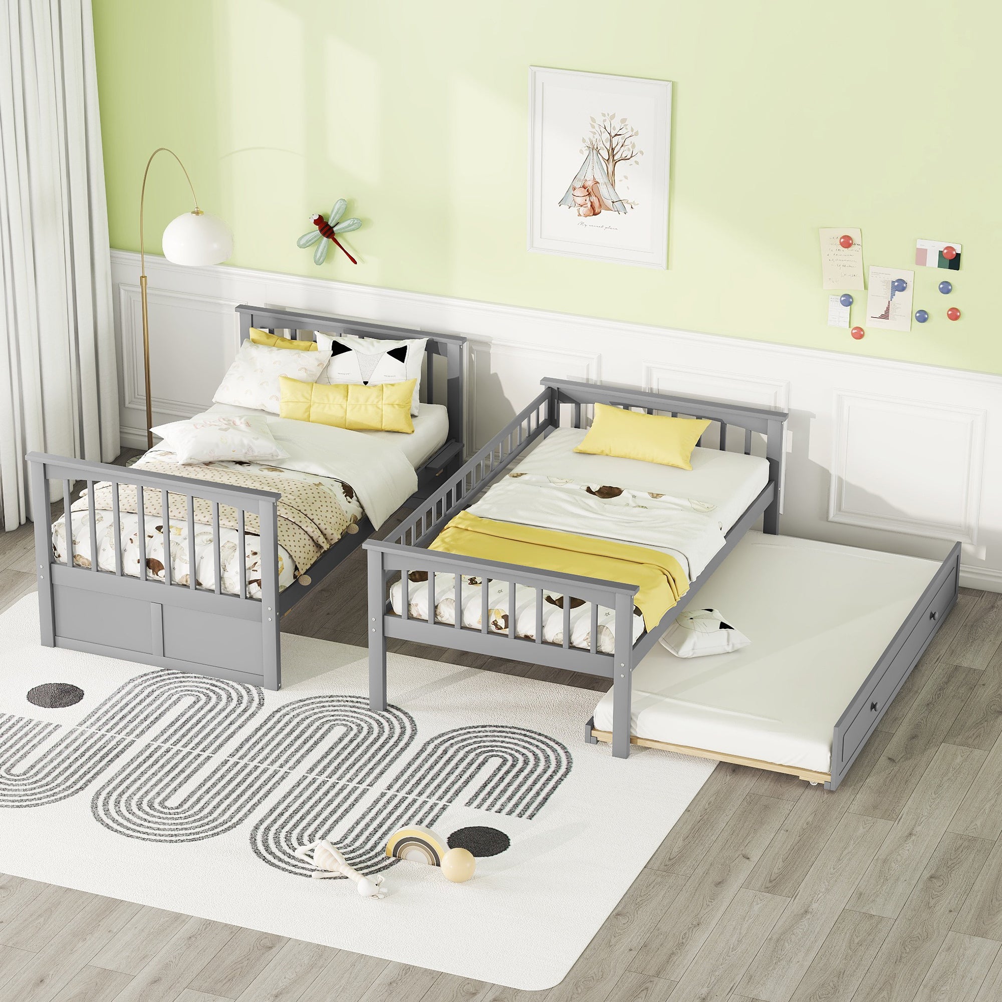 Twin over Twin Bunk Bed with Twin Size Trundle, Convertible Beds, Gray - Atlantic Fine Furniture Melbourne FL